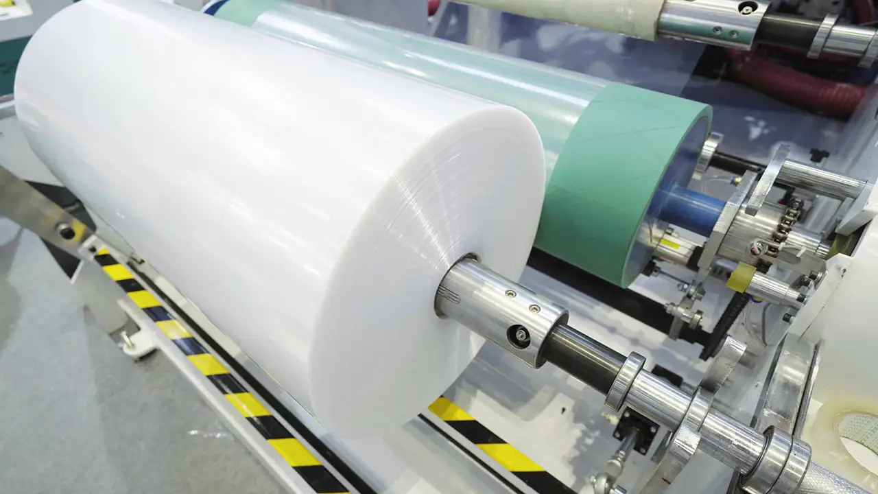 Yuexing high speed multi layer co extrusion blown film machine operating in CHINAPLAS 2026